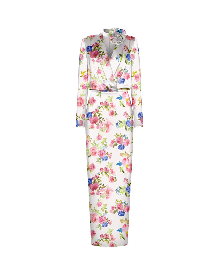 Jasmine maxi, milky satin maxi dress with a floral print