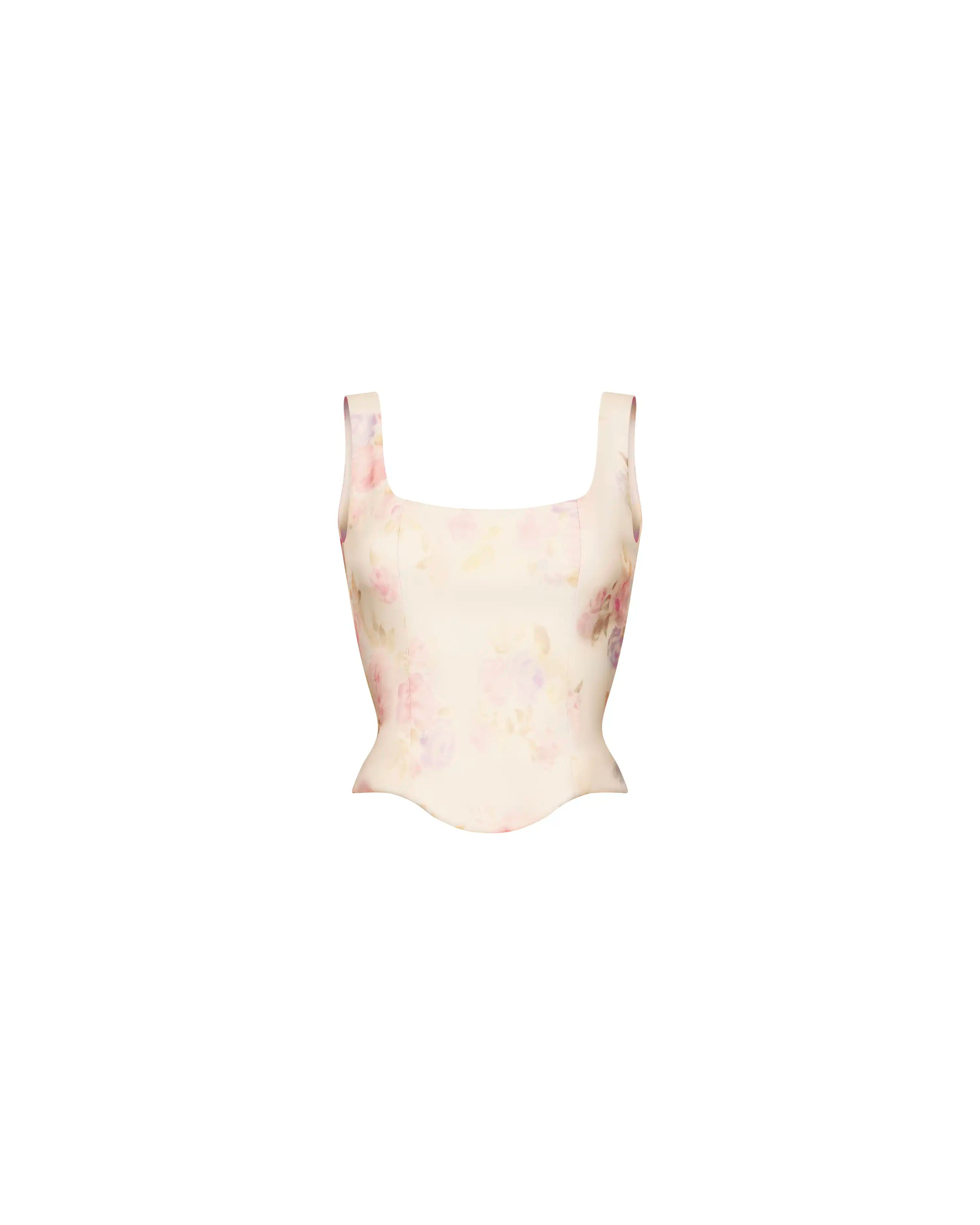 Vi, corset top with straps made of milk organza with a floral print
