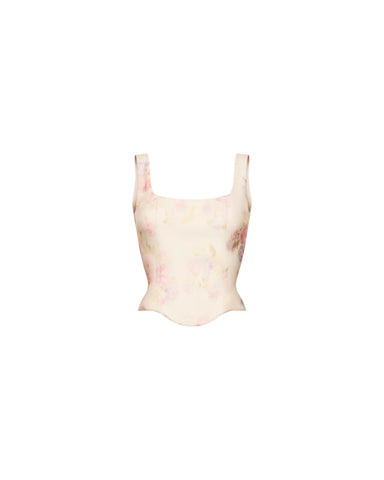 Vi, corset top with straps made of milk organza with a floral print