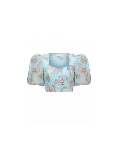 Chanelle, top in blue chiffon with a floral print