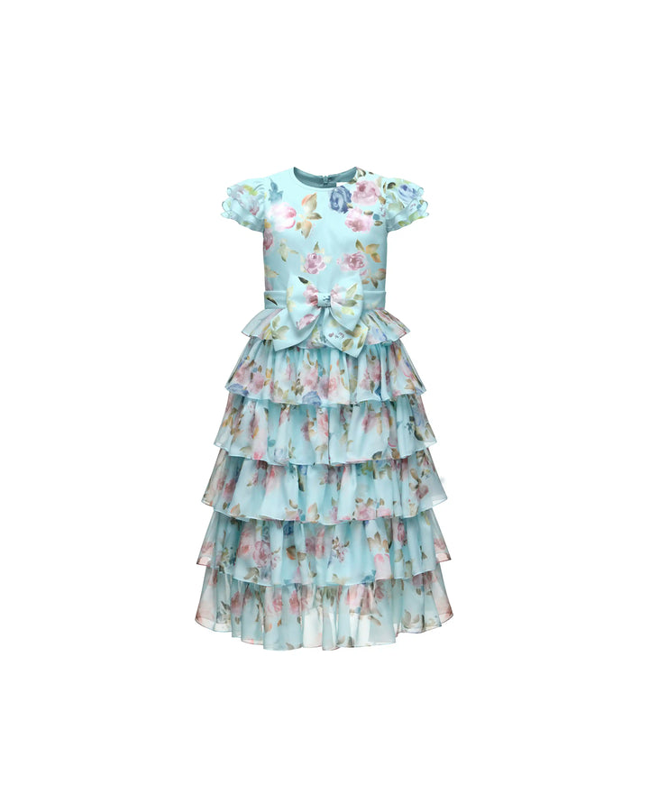 Ava, children’s blue chiffon dress with a floral print and bow detail