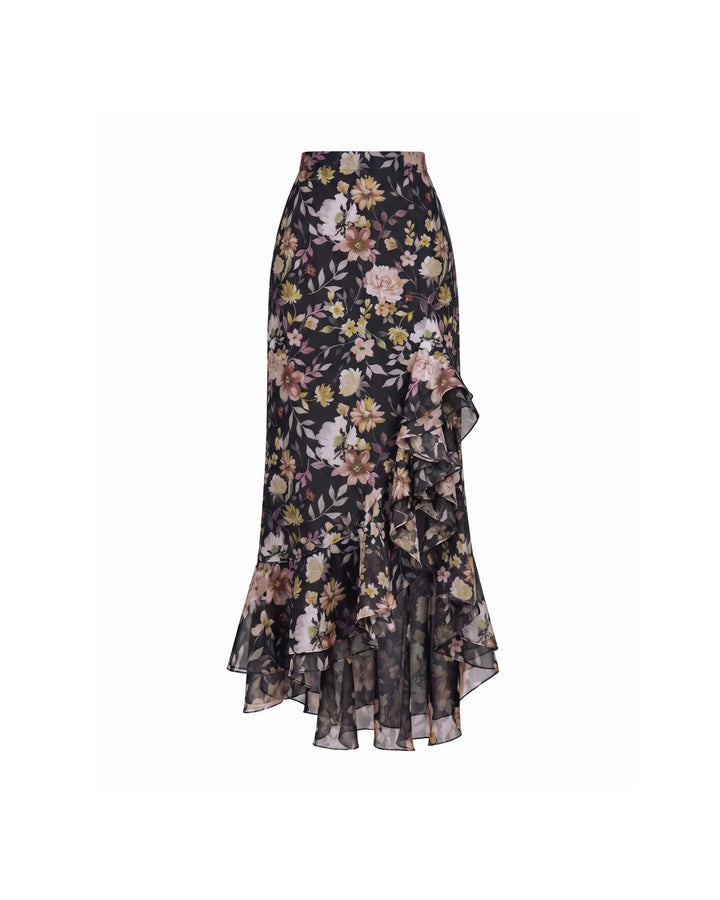 Carmen midi, black chiffon midi skirt with multicolor floral print
