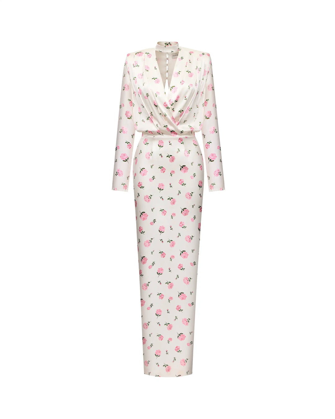 Jasmine maxi, satin maxi dress in milky with medium pink flowers