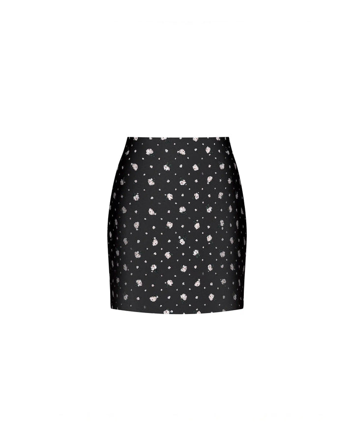 Mona mini, mini skirt in black satin with a floral print