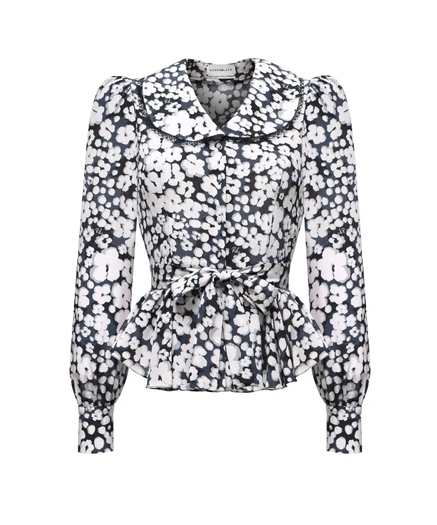 Rosetta, black crepe de chine blouse with medium milky flowers