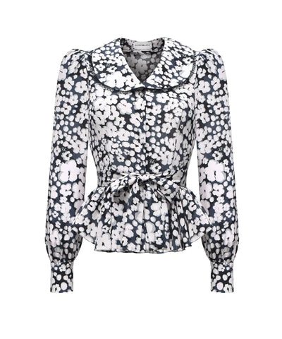 Rosetta, black crepe de chine blouse with medium milky flowers