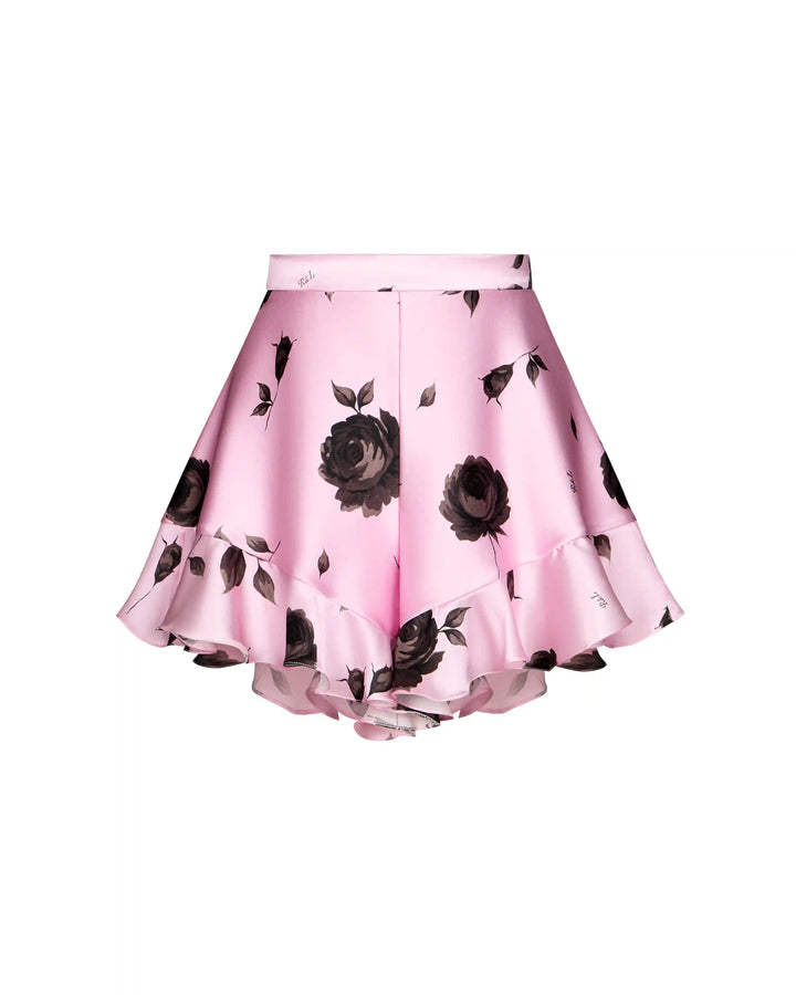 Audrie, mini shorts with ruffles made of lilac satin with gray flowers