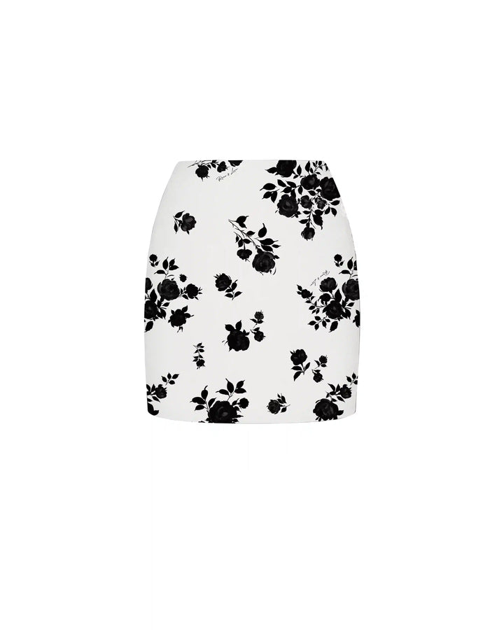Mona no frill, mini skirt made of ivory crepe de chine with floral print