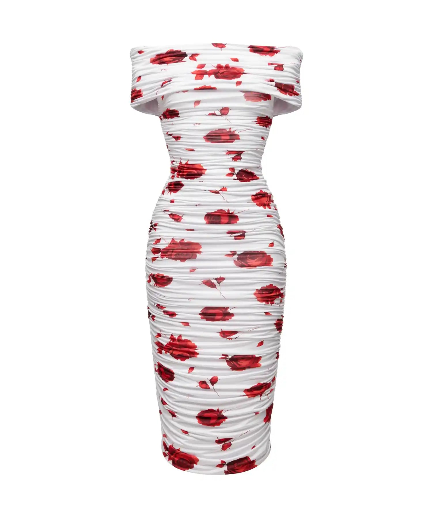Iren, midi dress made of ivory biflex with red flowers