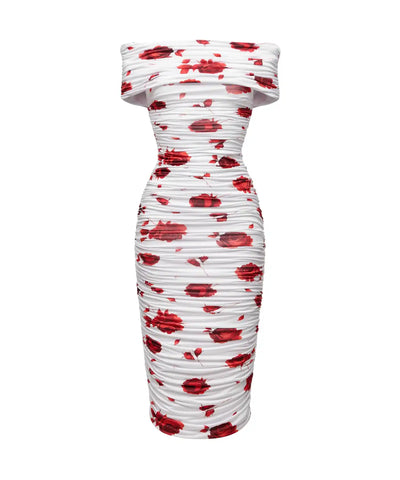 Iren, midi dress made of ivory biflex with red flowers