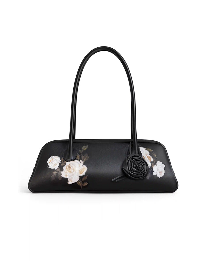 Ollie, bag made of black genuine leather with a floral print and a rose charm
