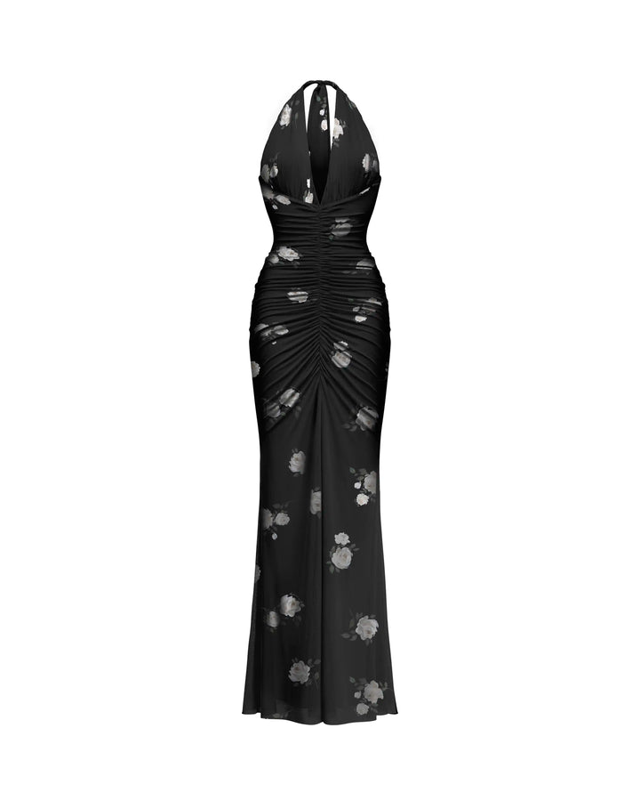 Luna maxi, maxi dress in black mesh with a floral print