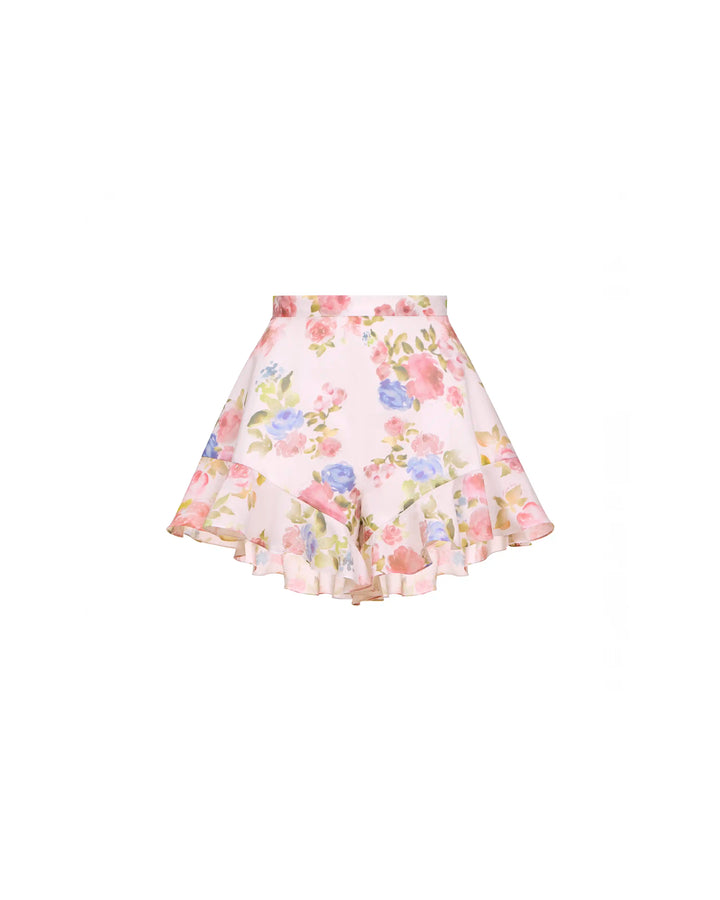 Audrie, shorts with ruffles in light pink batiste with a floral print