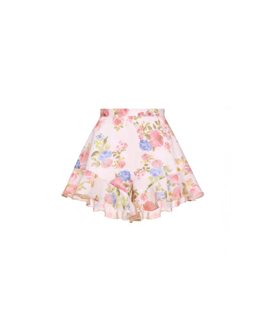 Audrie, shorts with ruffles in light pink batiste with a floral print