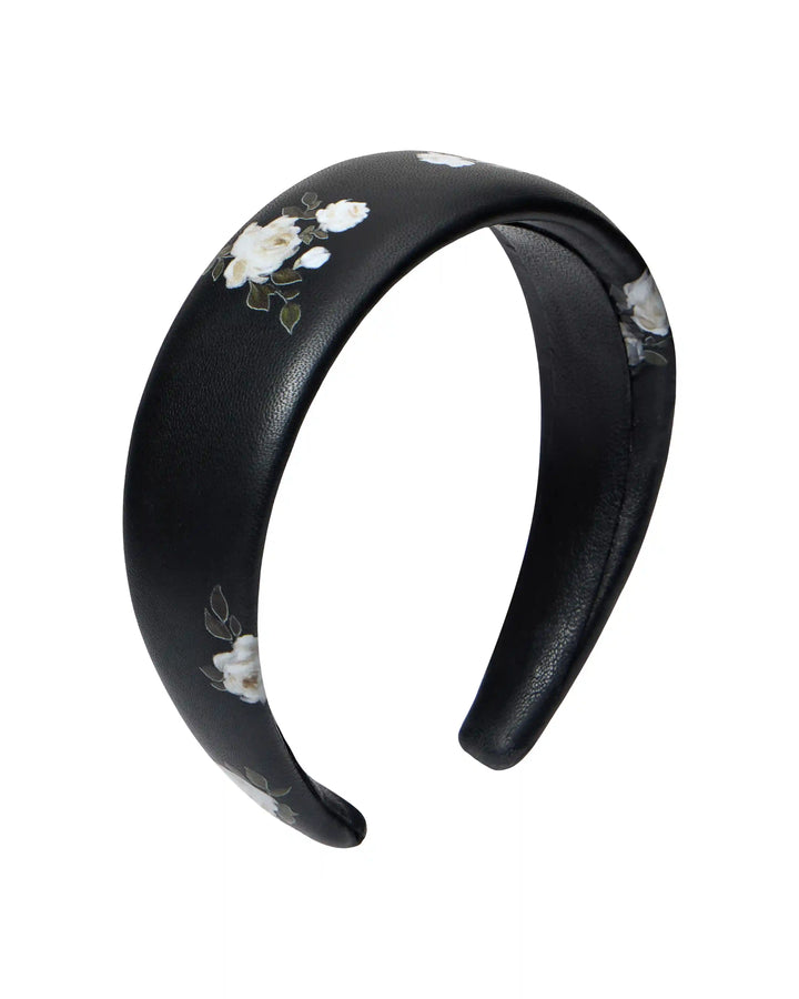 Noelia, headband  made of black genuine leather with a floral print