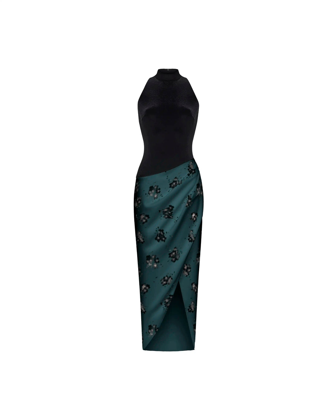 Simone midi, midi dress with black velvet top and emerald crepe de chine skirt with black flowers