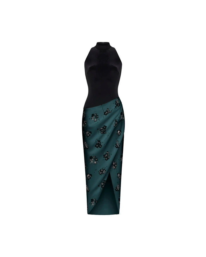 Simone midi, midi dress with black velvet top and emerald crepe de chine skirt with black flowers