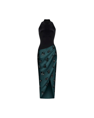Simone midi, midi dress with black velvet top and emerald crepe de chine skirt with black flowers