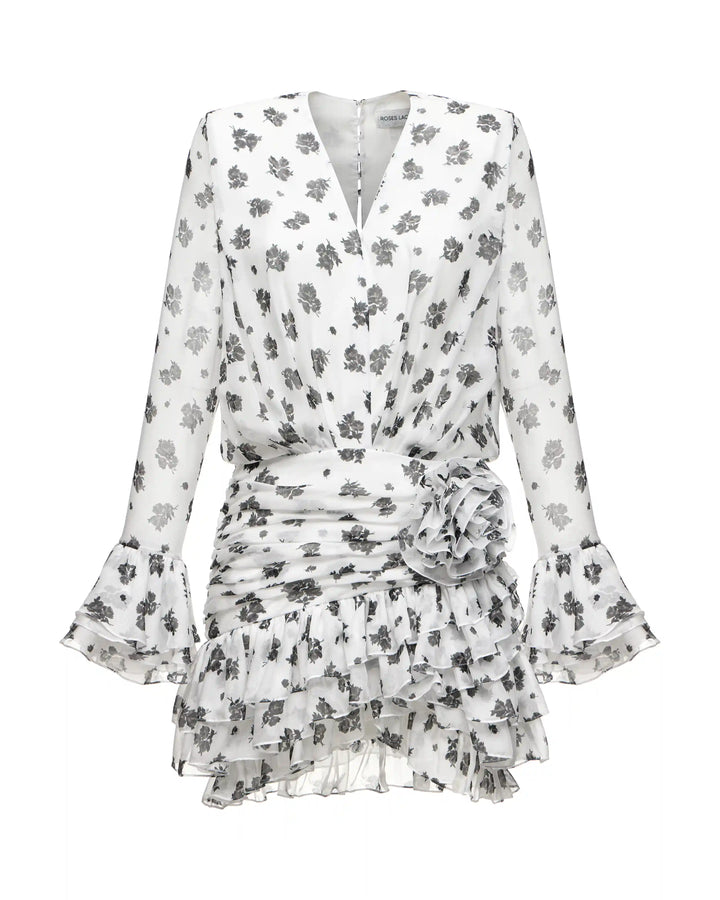Mira, mini dress made of ivory chiffon with floral print and a rose