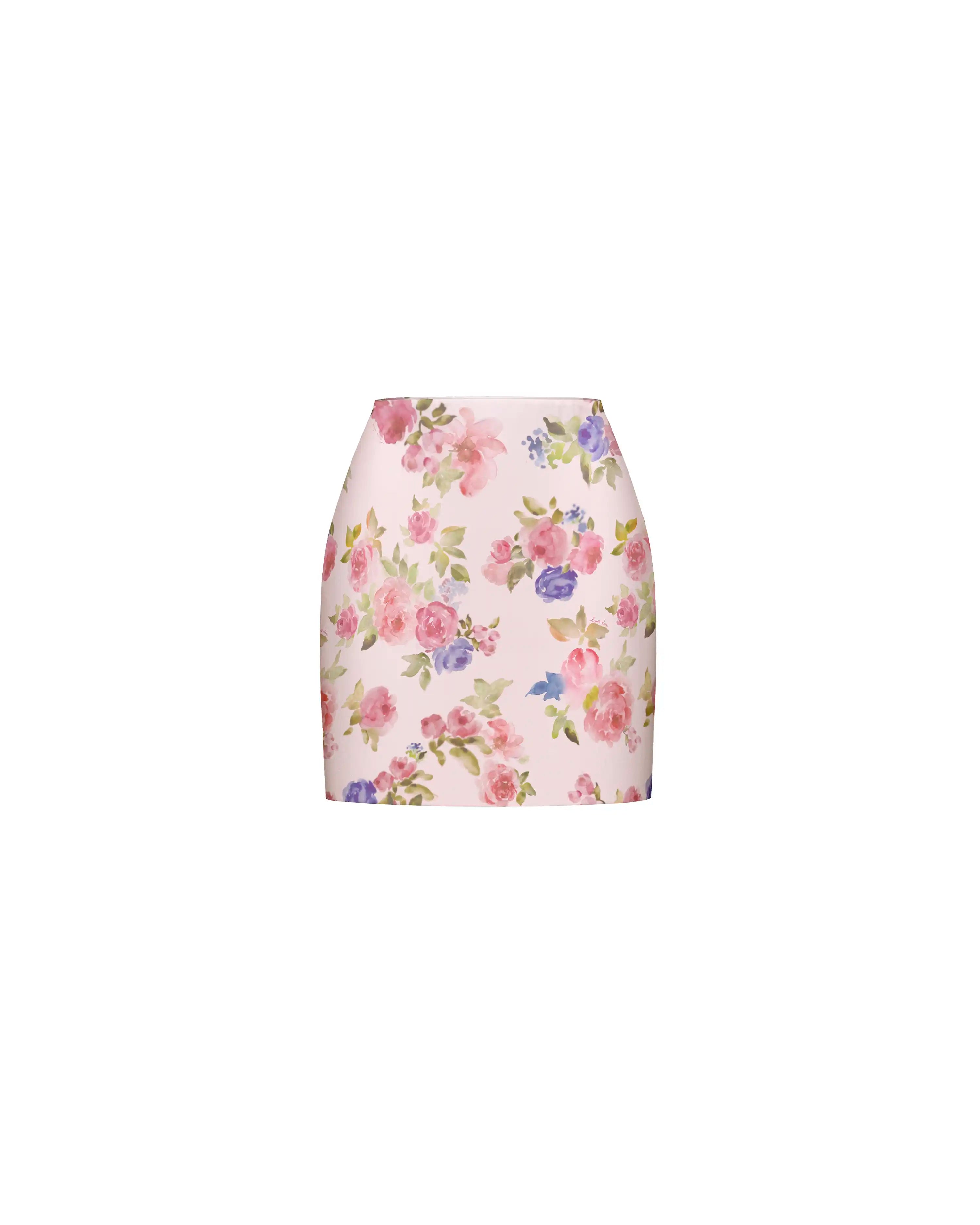 Mona mini, light pink satin mini skirt with floral print