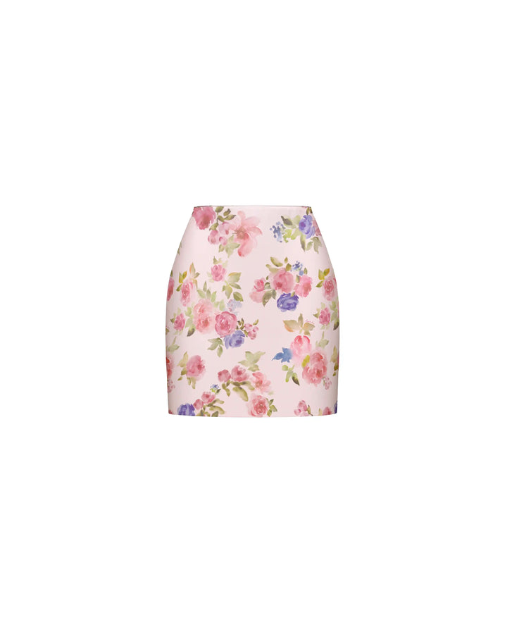Mona mini, light pink satin mini skirt with floral print