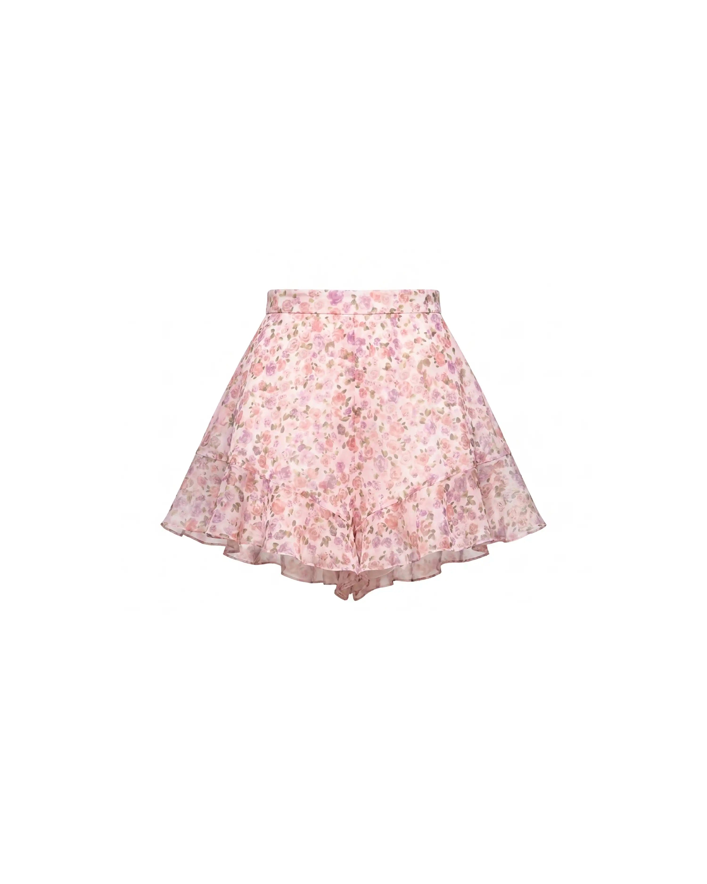 Audrie, shorts with ruffles in milky chiffon with a floral print