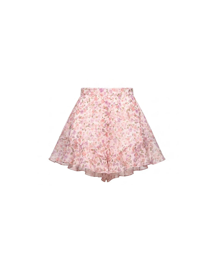 Audrie, shorts with ruffles in milky chiffon with a floral print