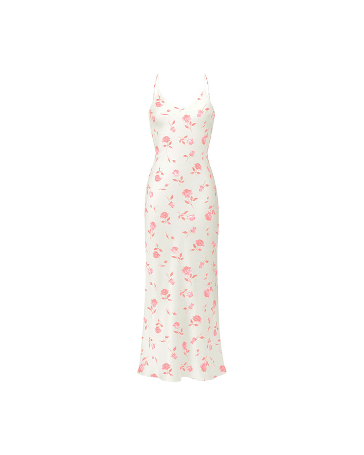 Cecil, ivory satin midi dress with medium light pink flowers