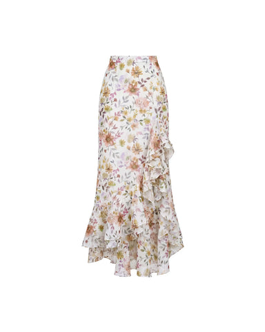 Carmen midi, milky chiffon midi skirt with multicolor floral print