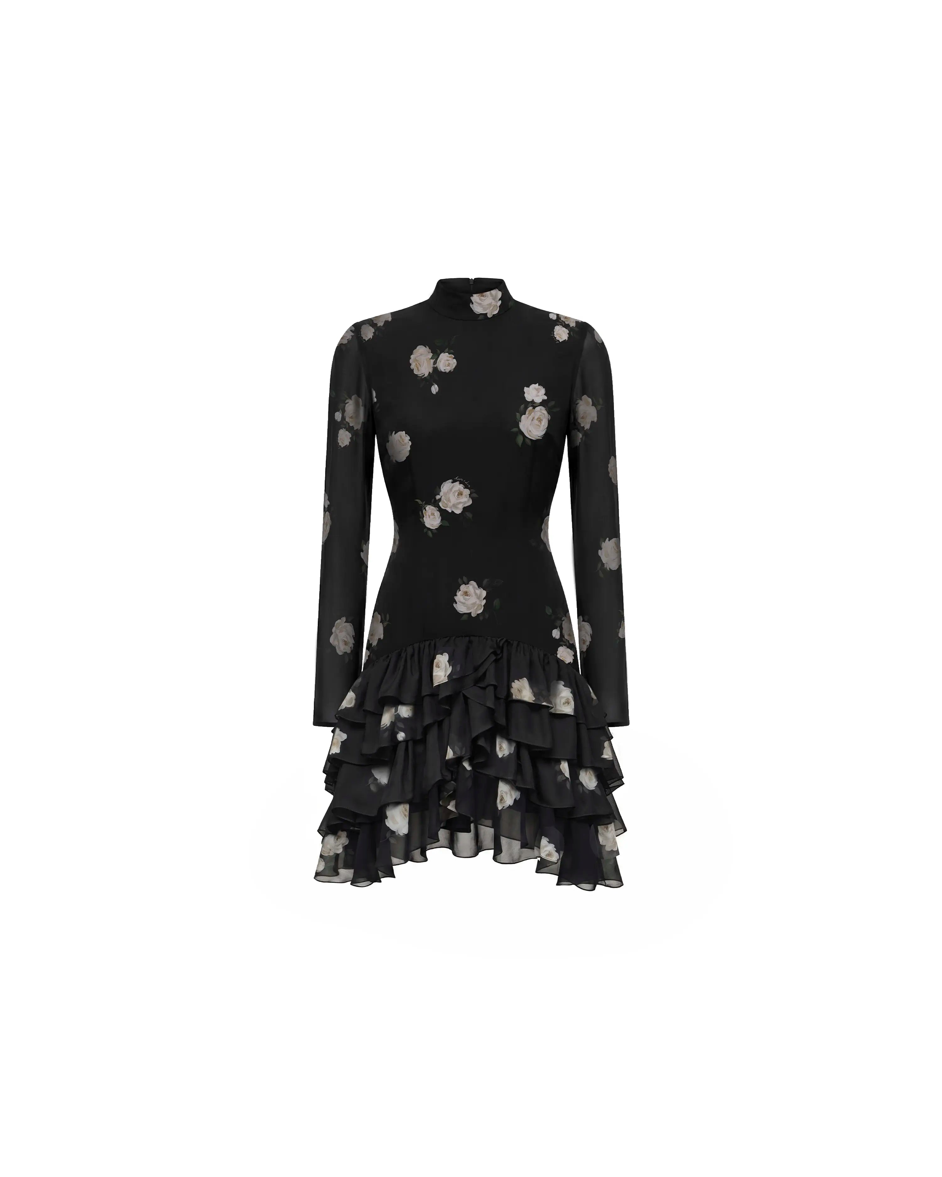 Stella mini, mini dress in black chiffon with a floral print