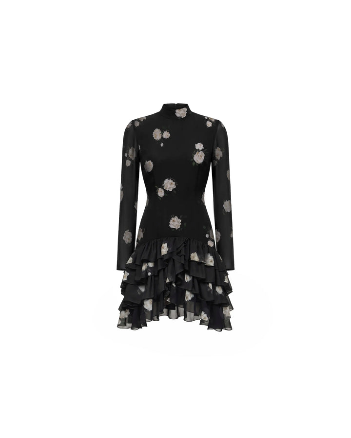 Stella mini, mini dress in black chiffon with a floral print