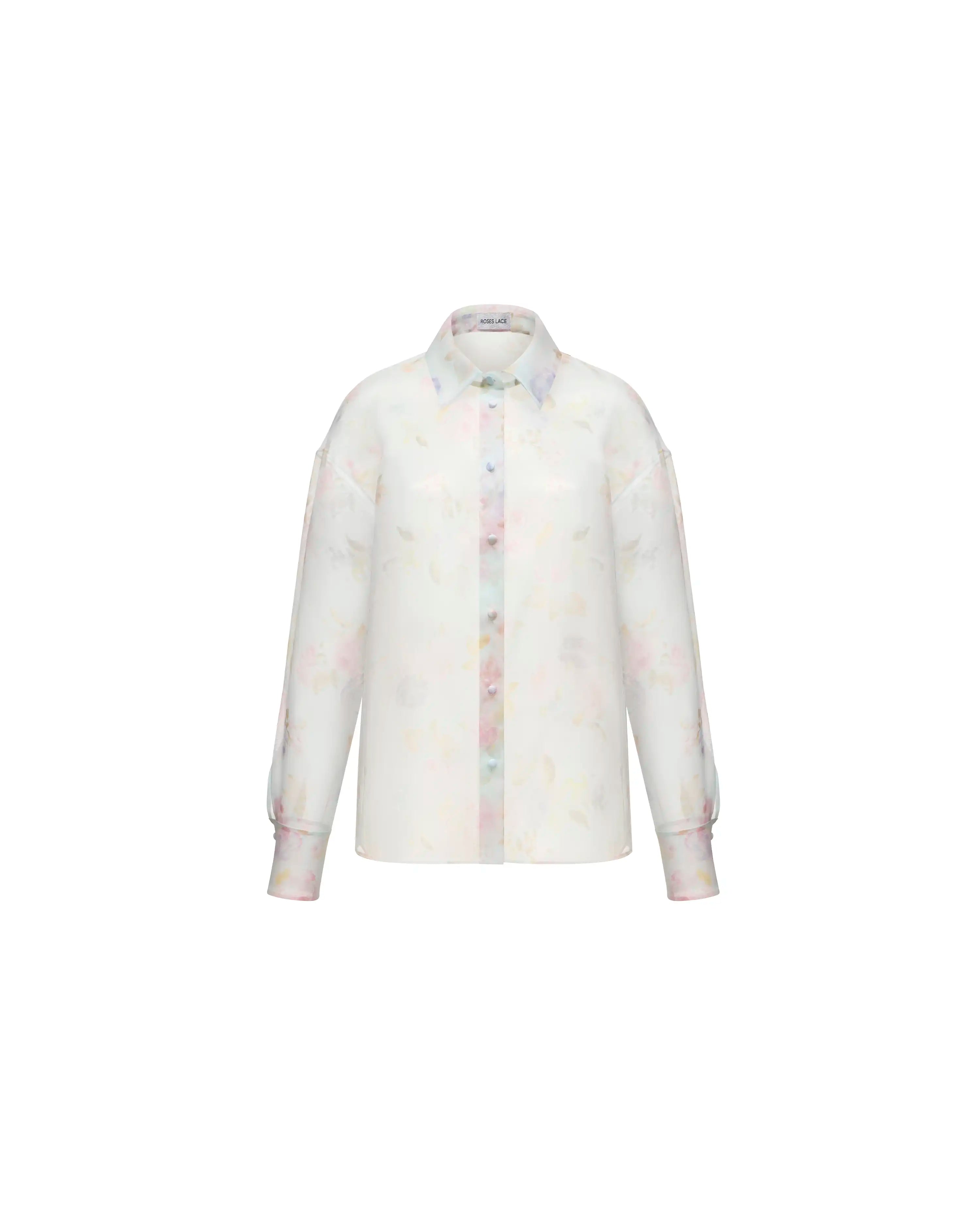 Harper, blue organza blouse with a floral print