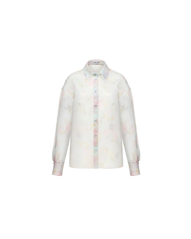 Harper, blue organza blouse with a floral print