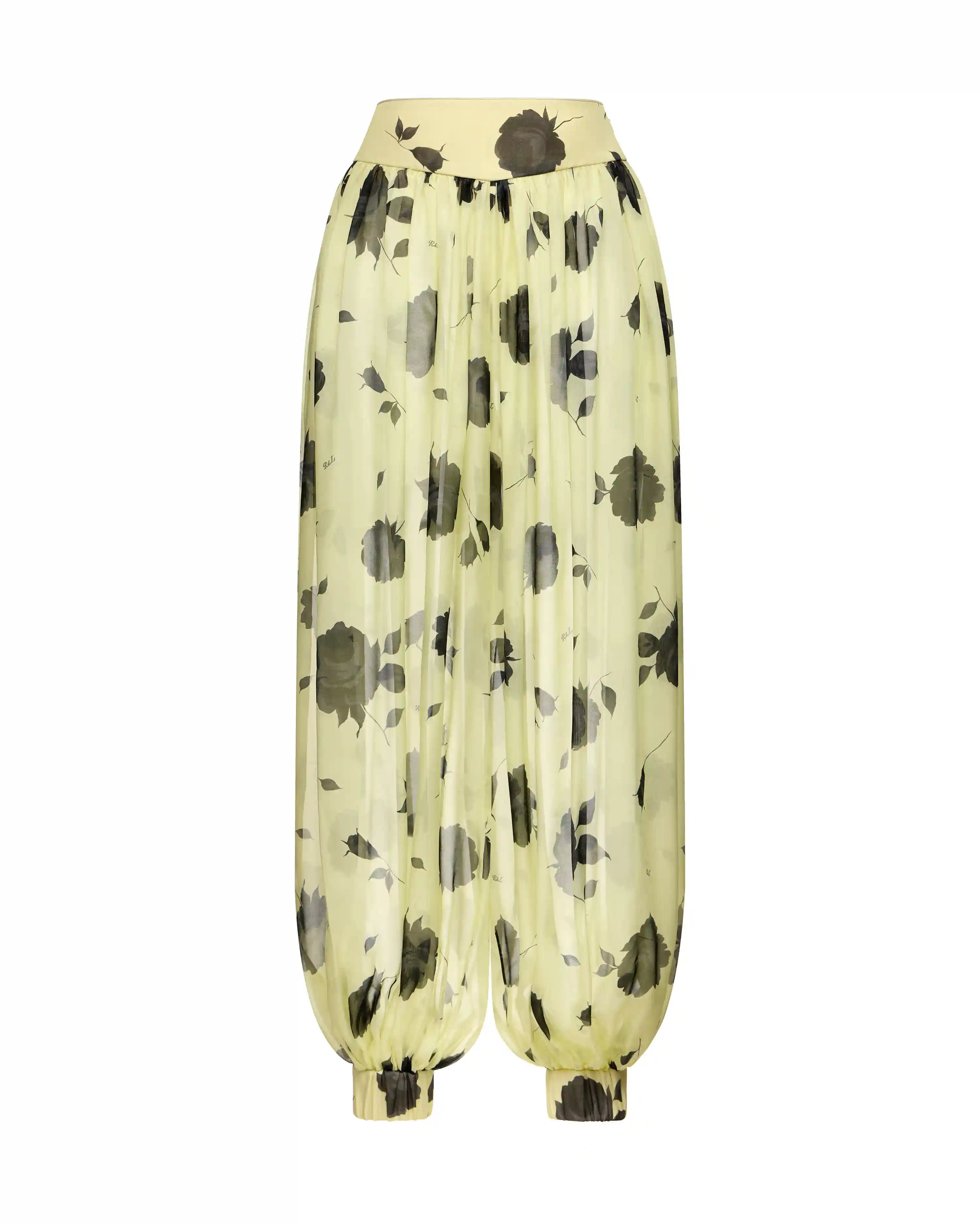 Evie, trousers made of yellow chiffon with gray flowers