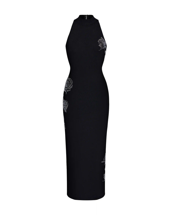 Viva midi, midi dress made of black viscose with rhinestones