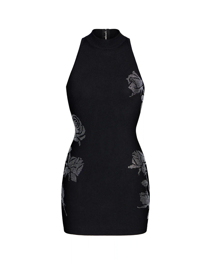 Viva mini, mini dress made of black viscose with rhinestones