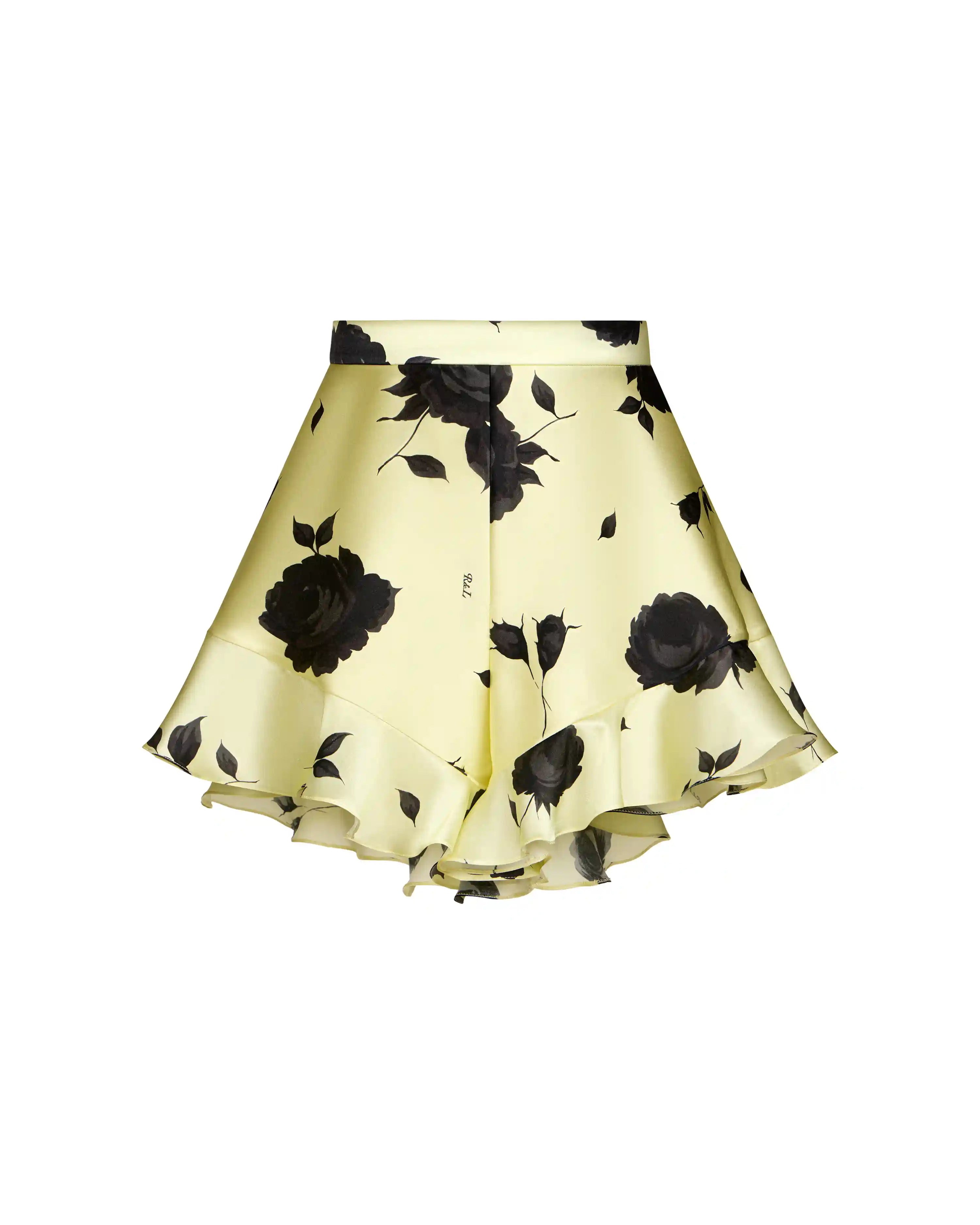 Audrie, mini shorts with ruffles made of yellow satin with gray flowers