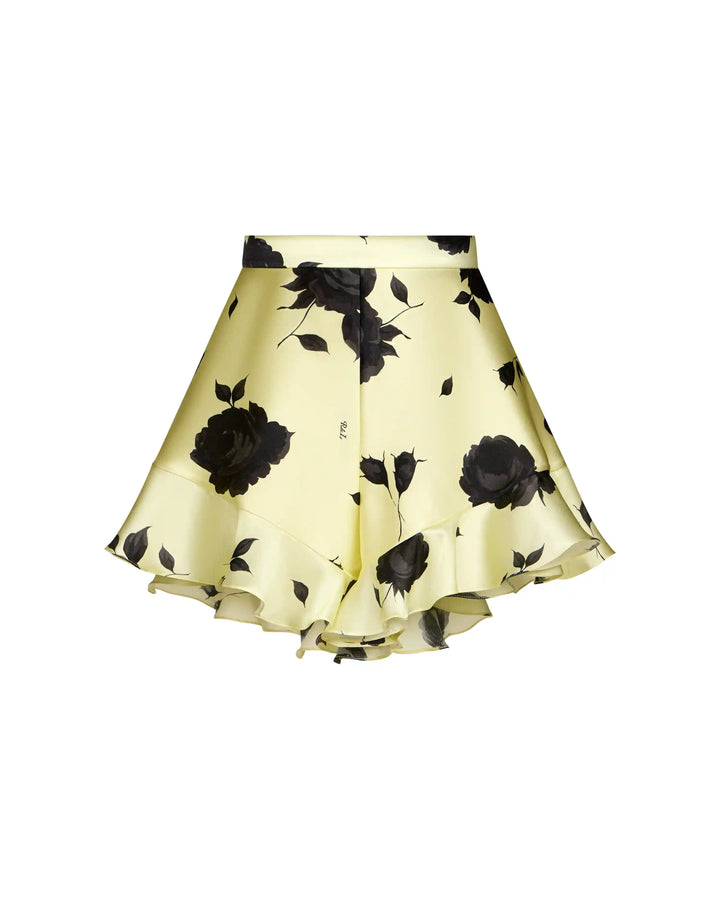 Audrie, mini shorts with ruffles made of yellow satin with gray flowers