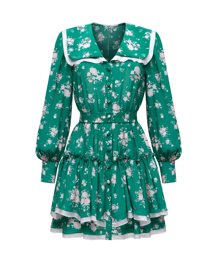 Austra, green crepe de chine mini dress with medium light pink flowers