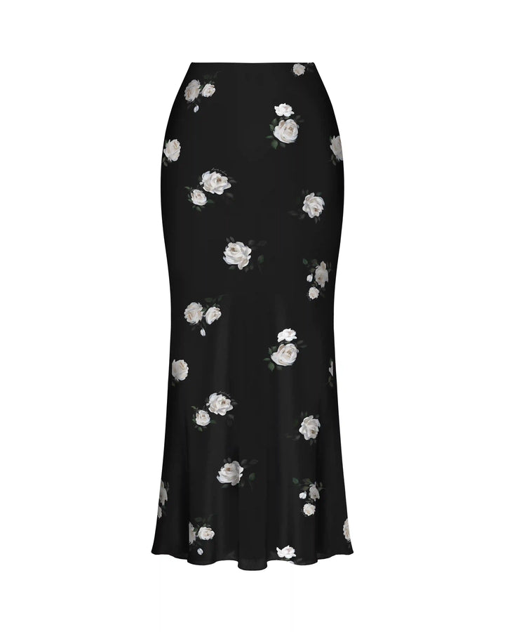 Kerelin midi, midi skirt made of black crepe de chine with floral print