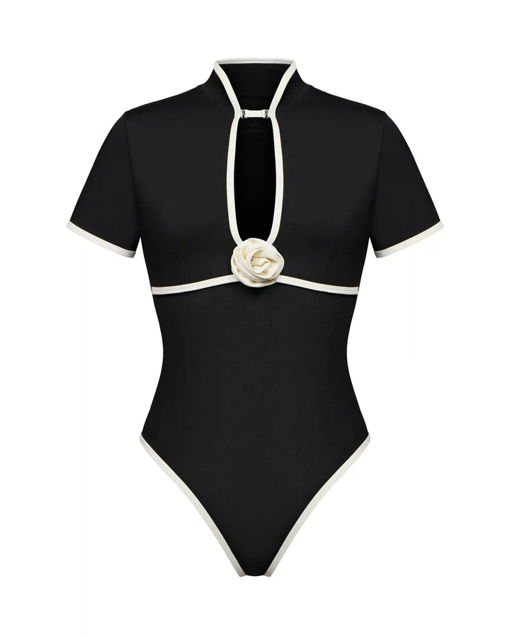 Sakura, one-piece swimsuit made of black biflex with a rose