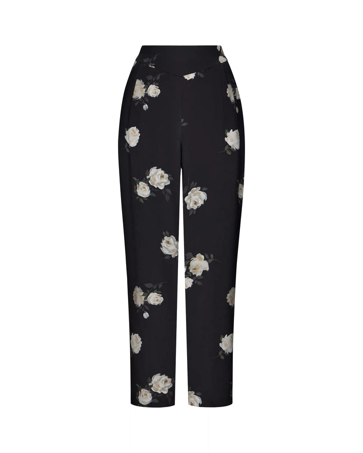 Naomi, pants made of black crepe de chine with floral print