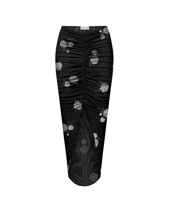 Amalia, midi skirt made of black mesh with floral print