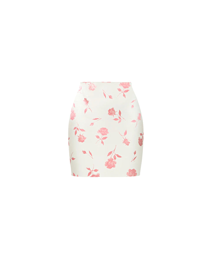 Mona mini, ivory satin mini skirt with medium light pink flowers
