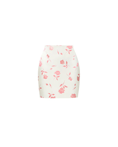 Mona mini, ivory satin mini skirt with medium light pink flowers