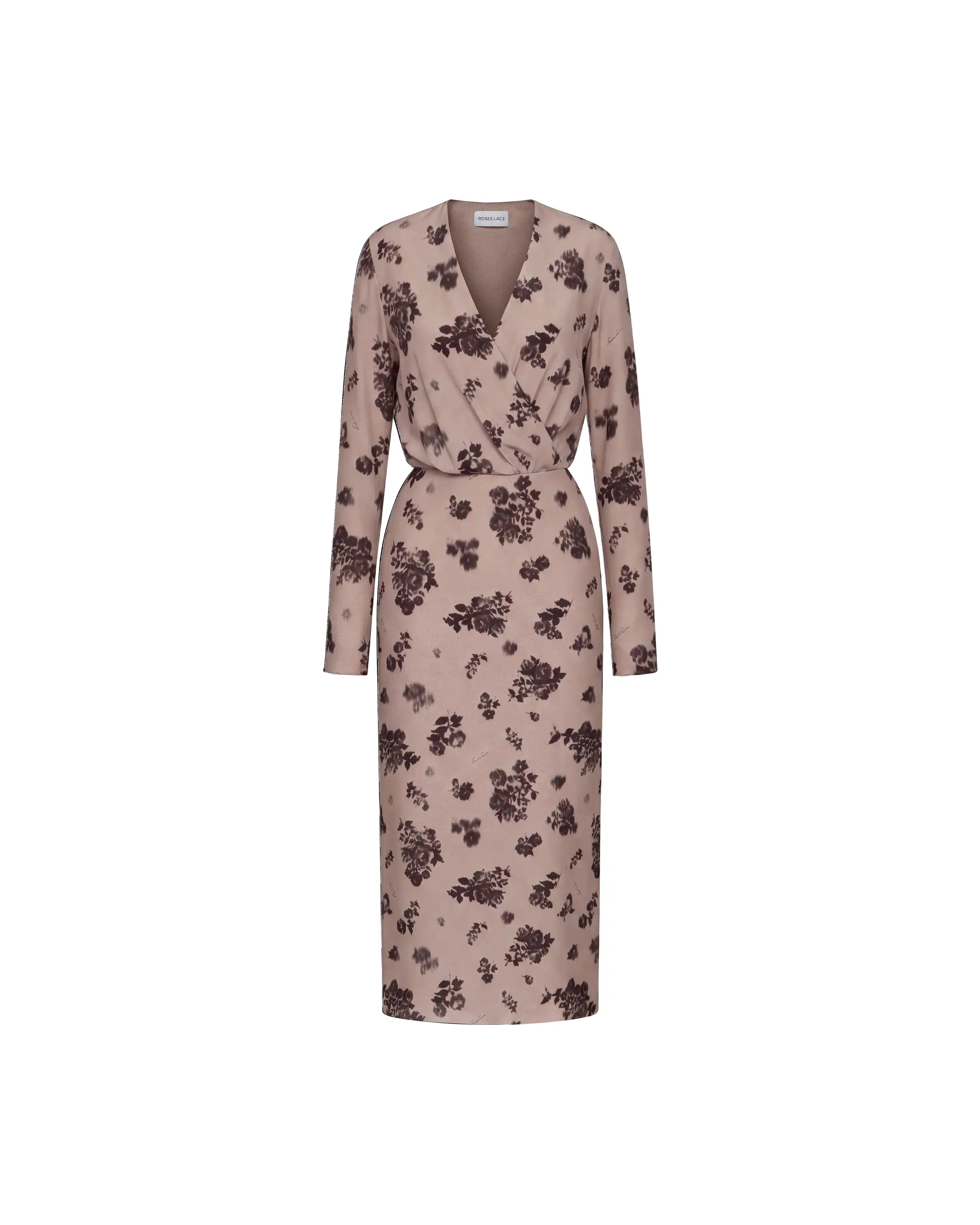 Lima midi, beige crepe de chine midi dress with chocolate flowers