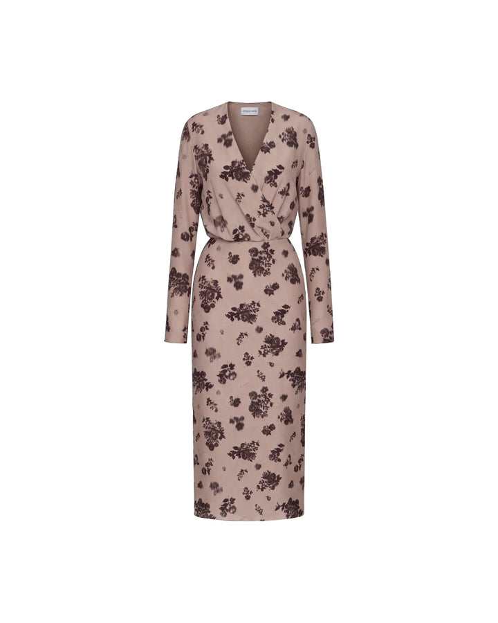 Lima midi, beige crepe de chine midi dress with chocolate flowers