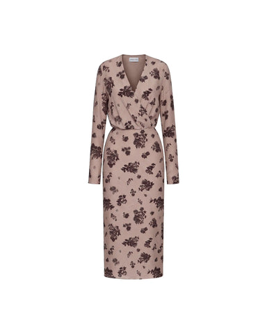 Lima midi, beige crepe de chine midi dress with chocolate flowers