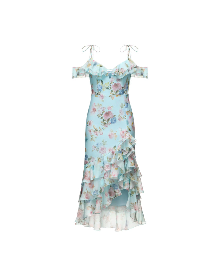 Monika midi, blue chiffon midi dress with a floral print