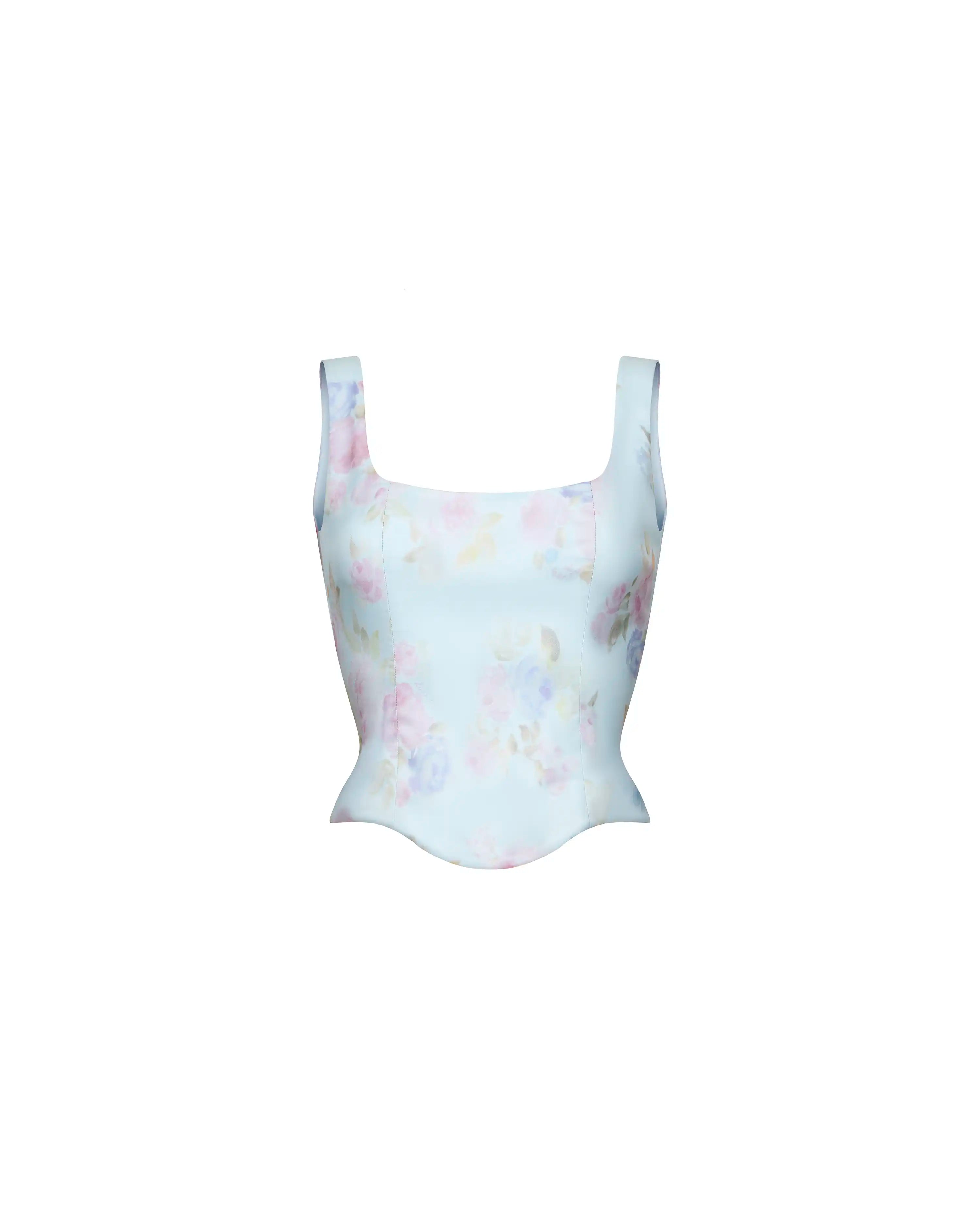 Vi, blue organza corset top with straps and a floral print